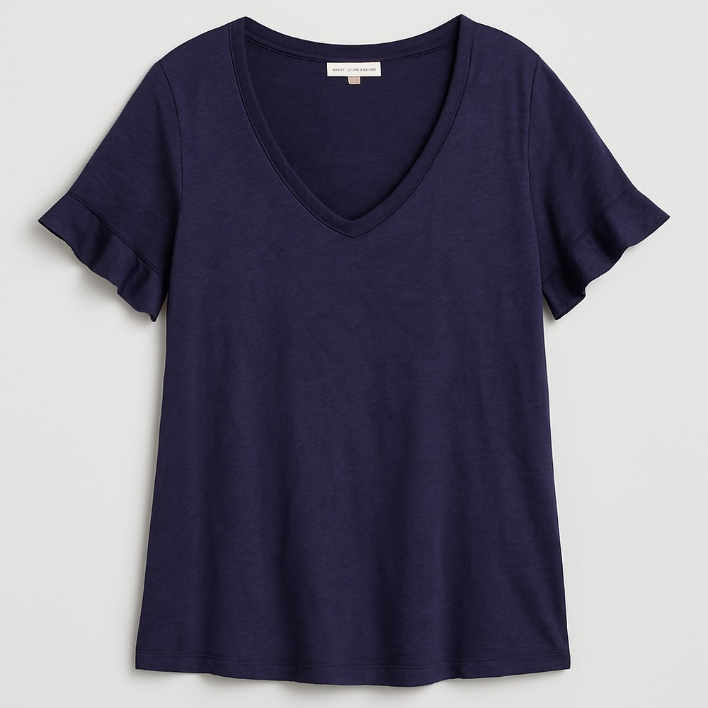 Green Envelope Women Size 2X Navy Blue V Neck Ruffle Sleeve Relaxed Fit Top
